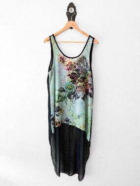 Carpe Diem Hi Low Semi Sheer Floral Rhinestone Studded Tank Top Boho M